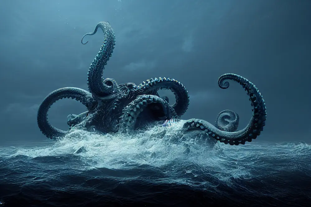 Kraken dragging a ship underwater