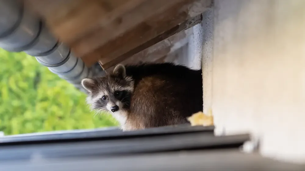 Frightened raccoon sits on a shed roof