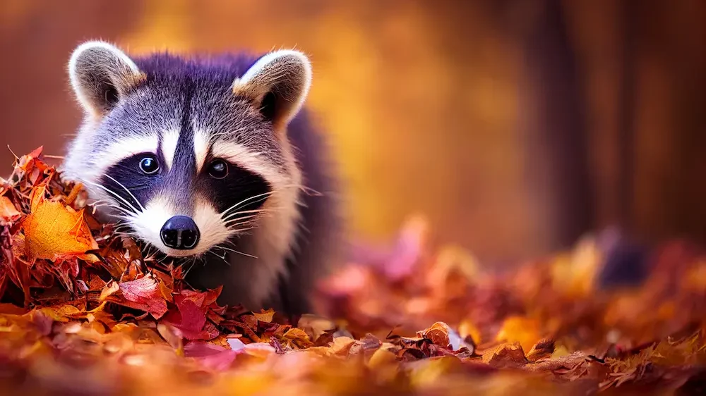 A cute racoon playing in a pile of autumn leaves