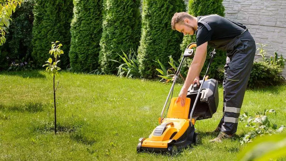 Young man gardener Using lawn mower