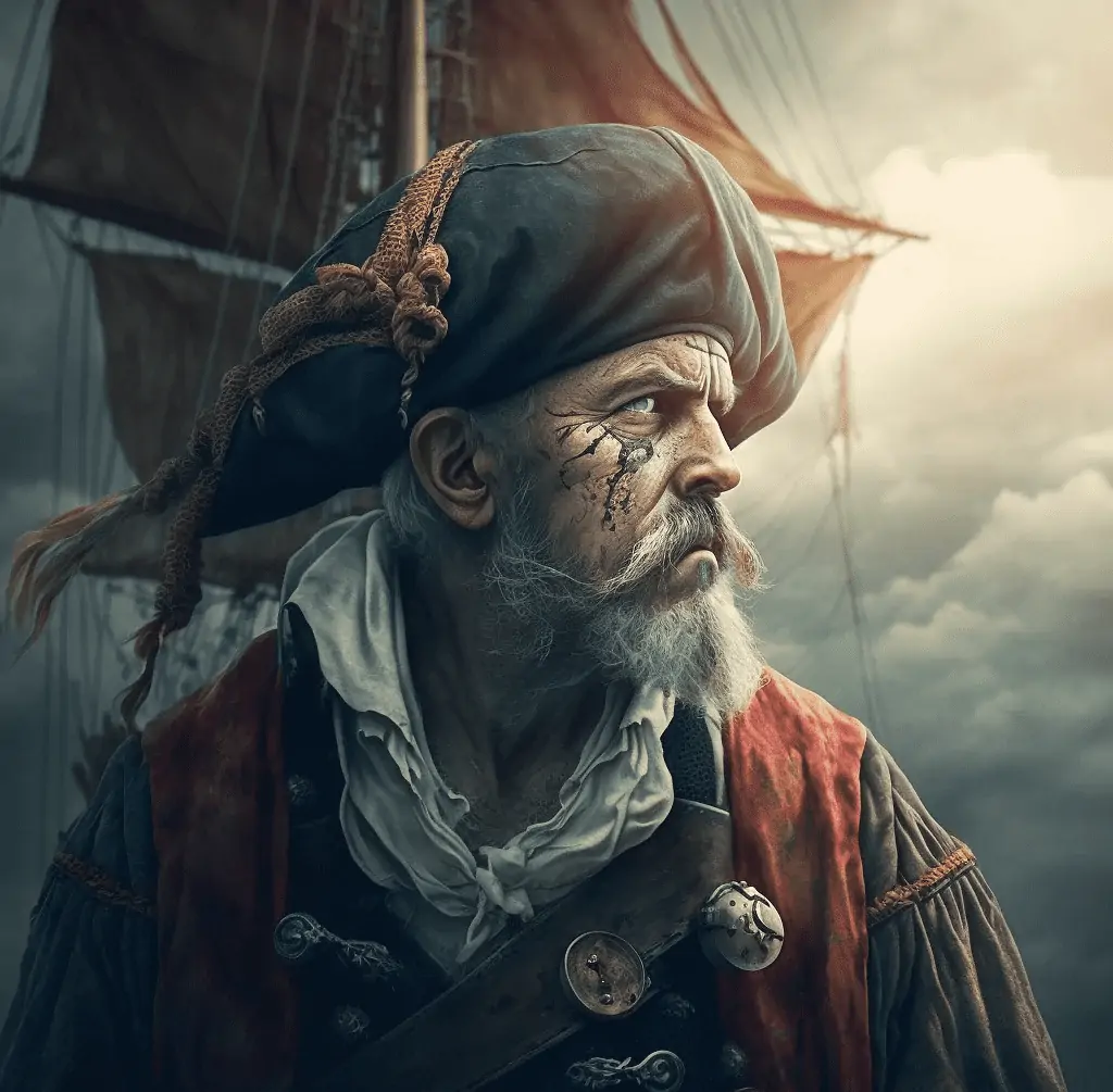 A portrait of a pirate standing on a ship.