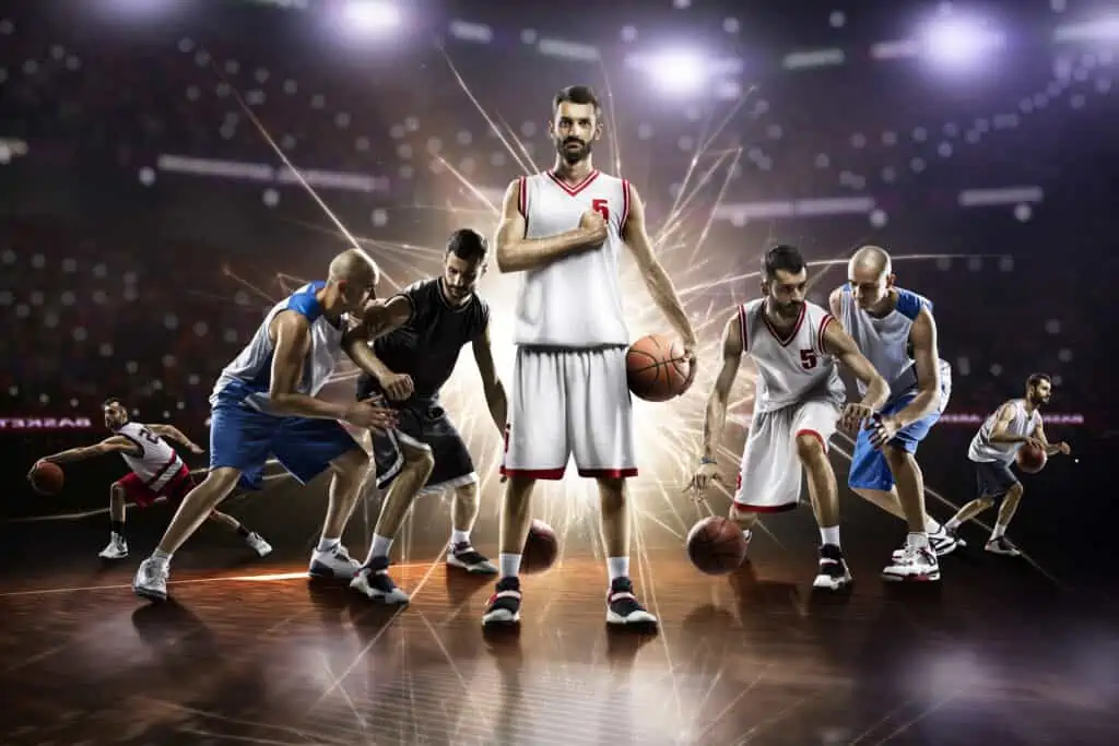collage from basketball players in action on grand arena