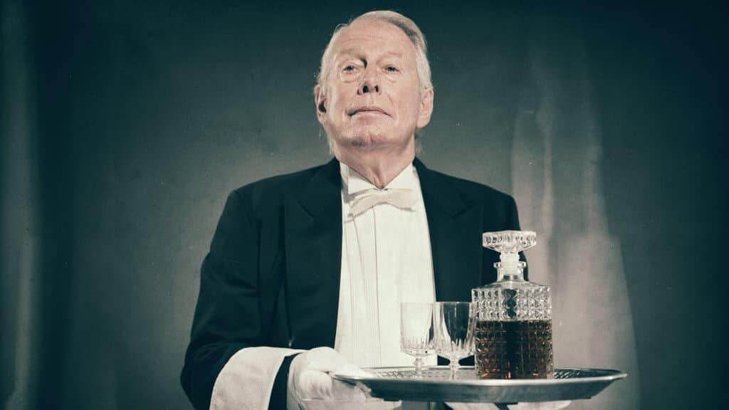 Butler Carrying Tray with Bottle and Glasses