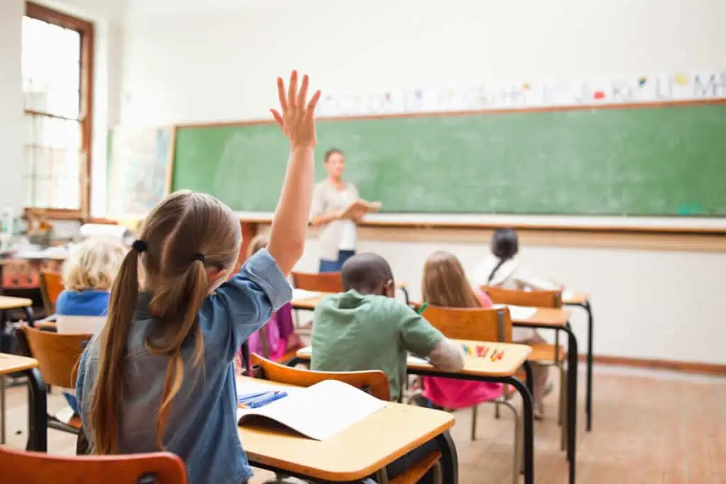 Back view of elementary school student raising her hand