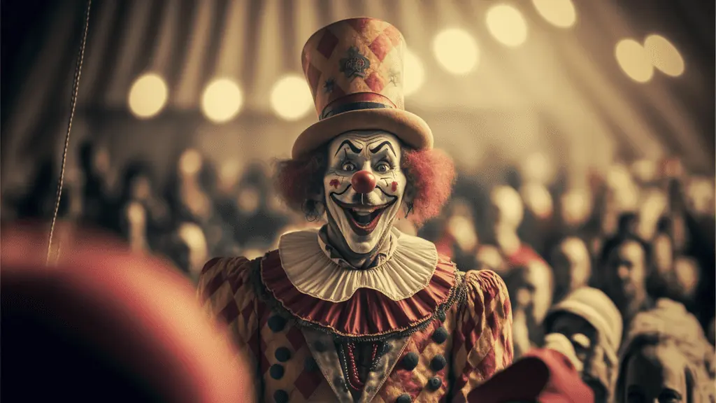 An image of a clown in front of a crowd.