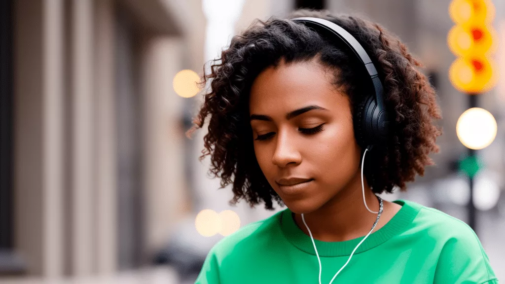 A woman listening to music in a city.