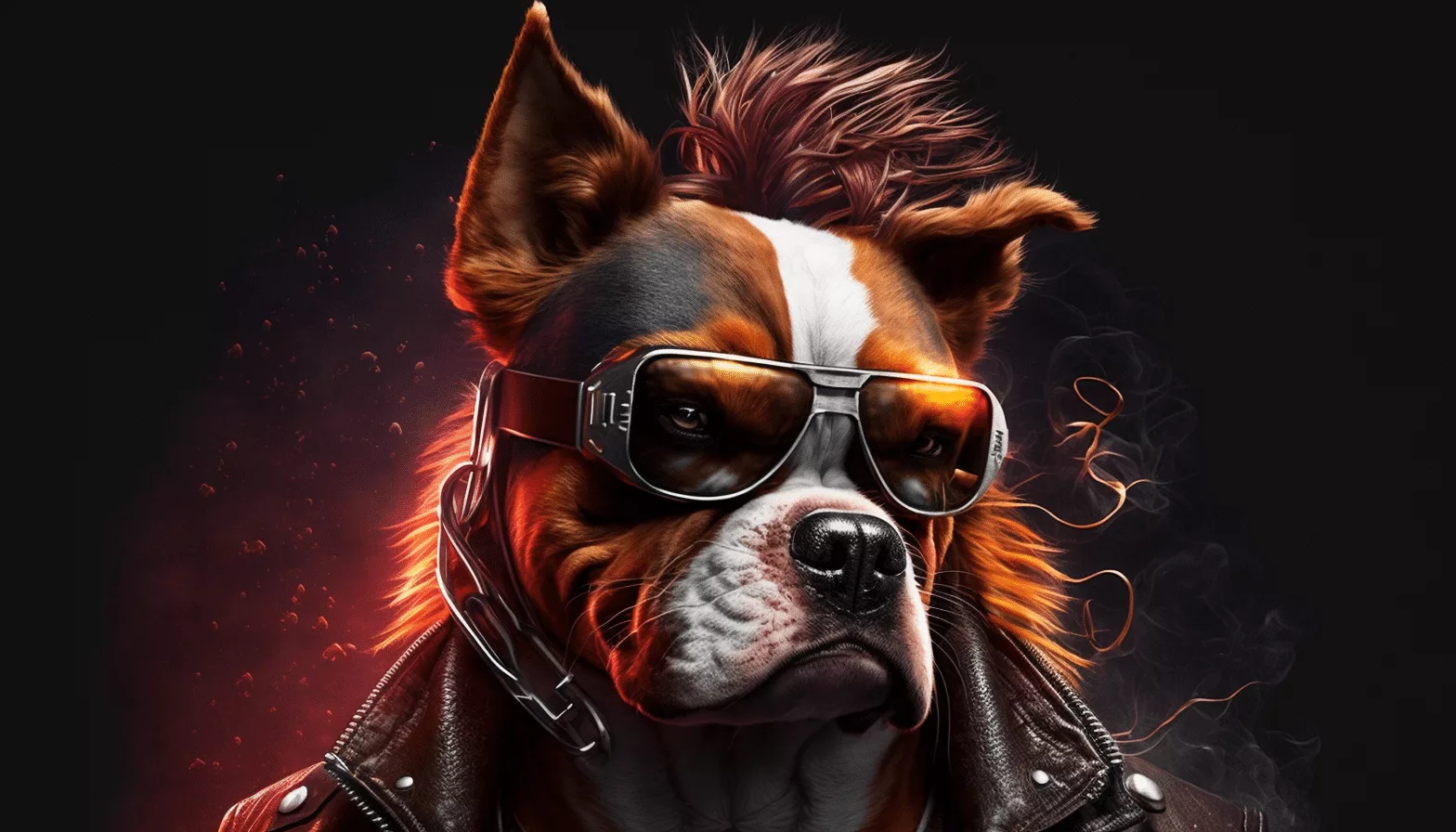 A dog wearing sunglasses and a leather jacket.