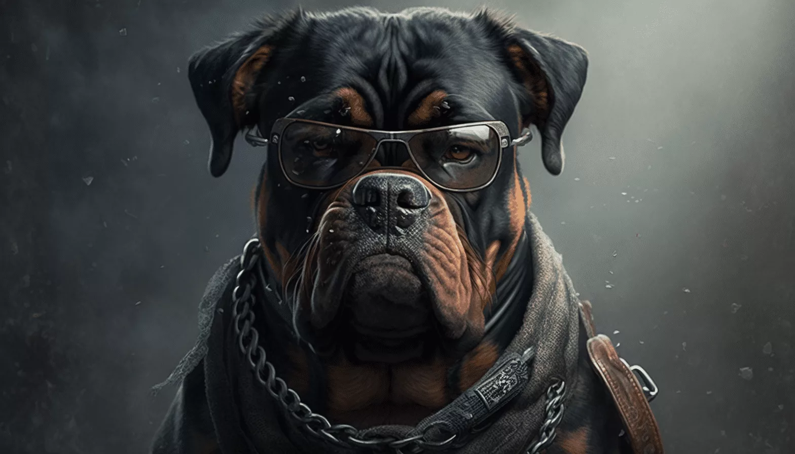 A rottweiler dog wearing glasses and a chain.