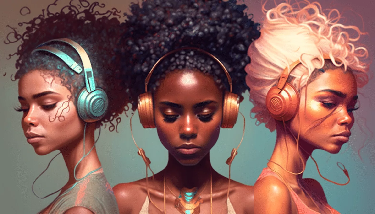 Three black women with headphones on.