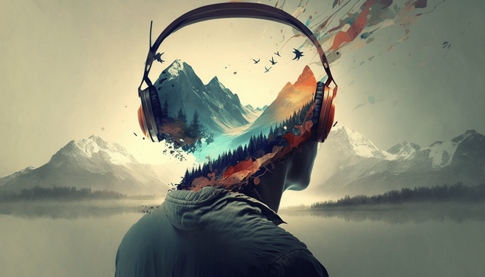 A man's head with headphones and a mountain in the background.