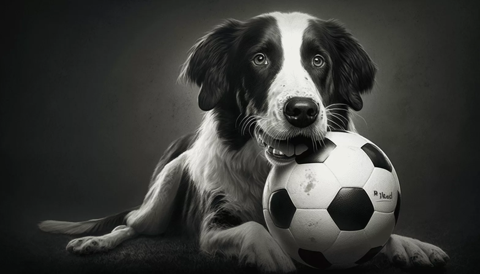 A dog is holding a soccer ball.