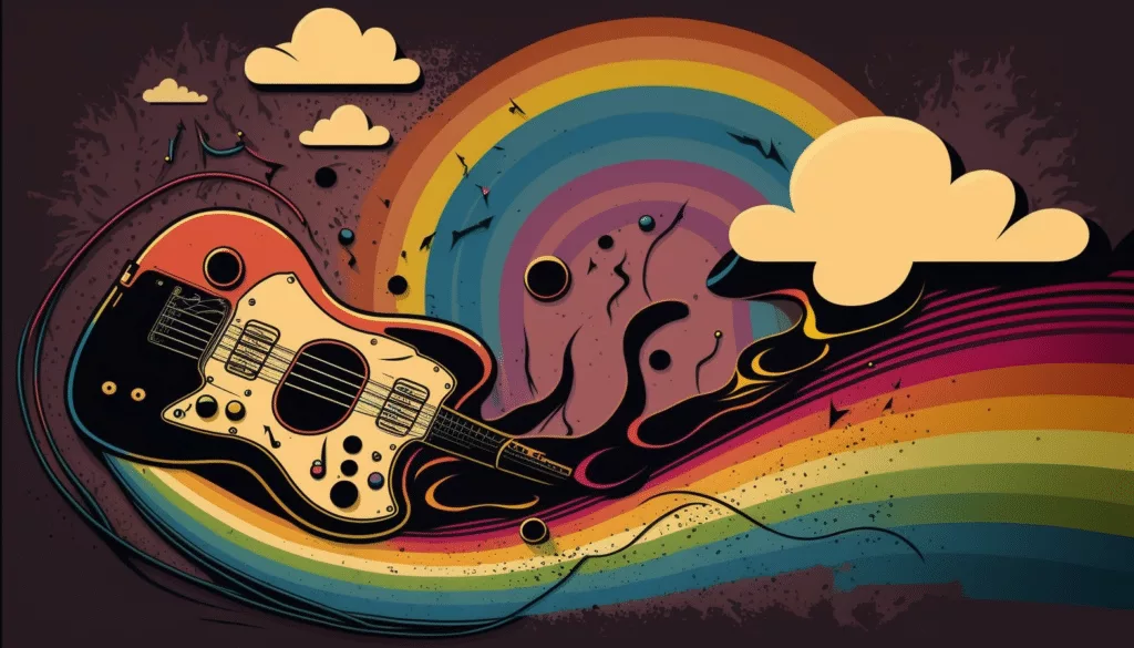 A guitar with a rainbow in the background.