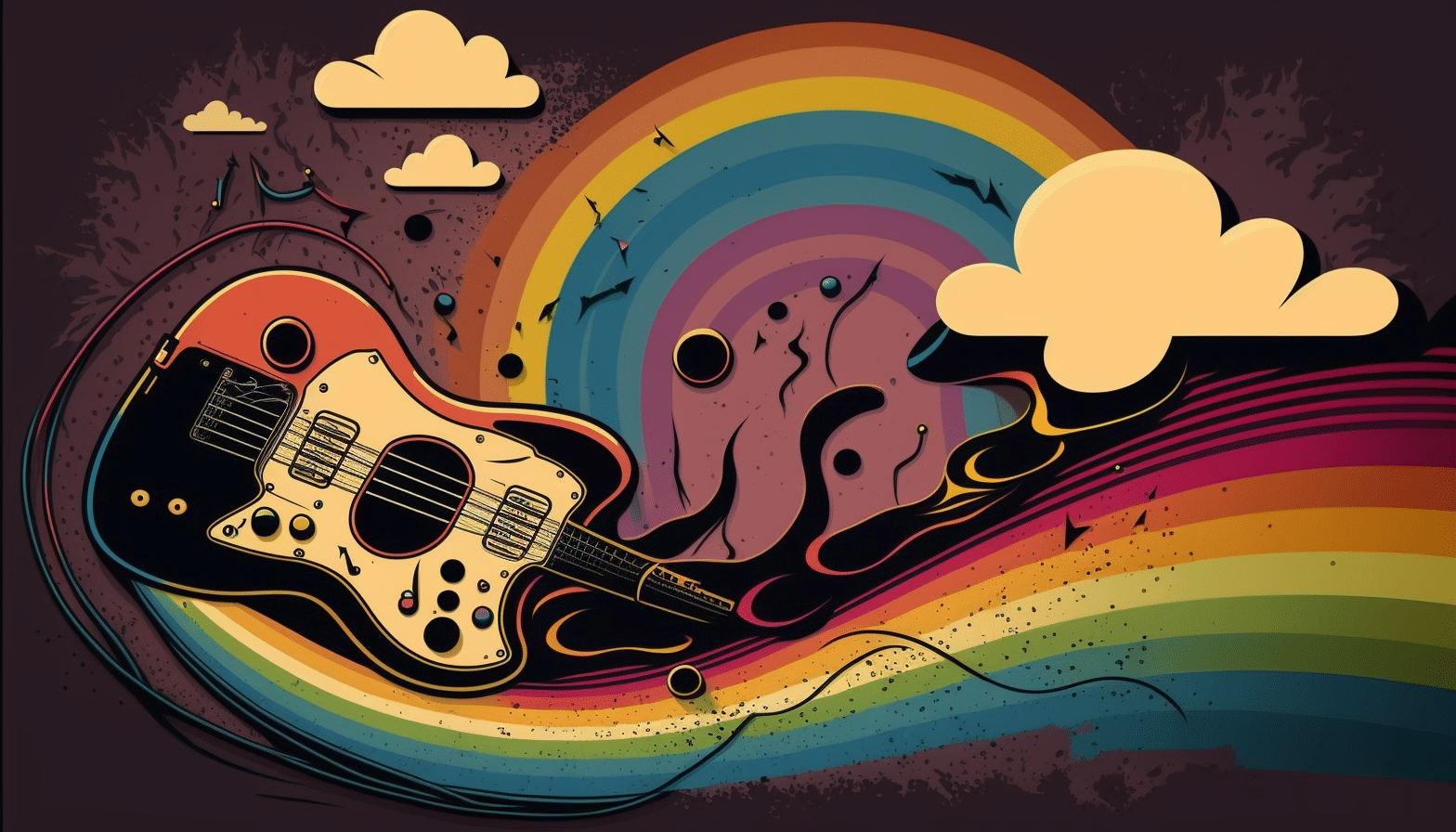 A guitar with a rainbow in the background.