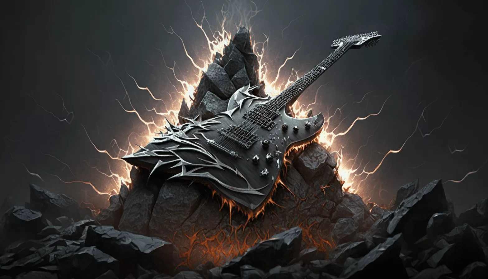 A guitar is sitting on top of a rock in the middle of a fire.