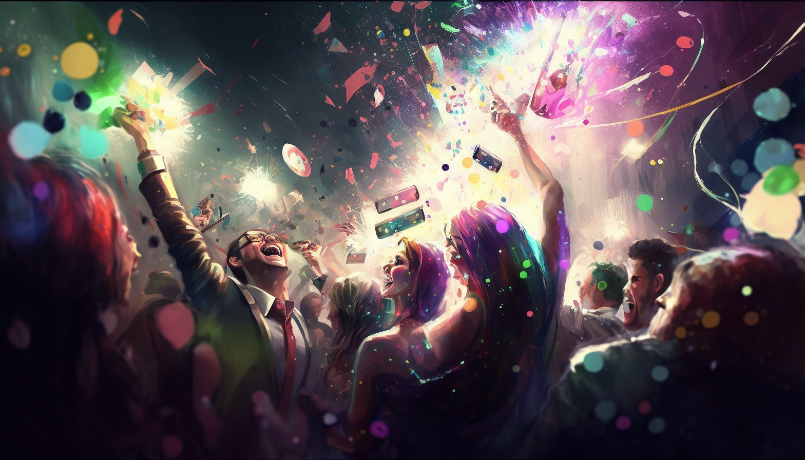 A group of people celebrating at a party with confetti.