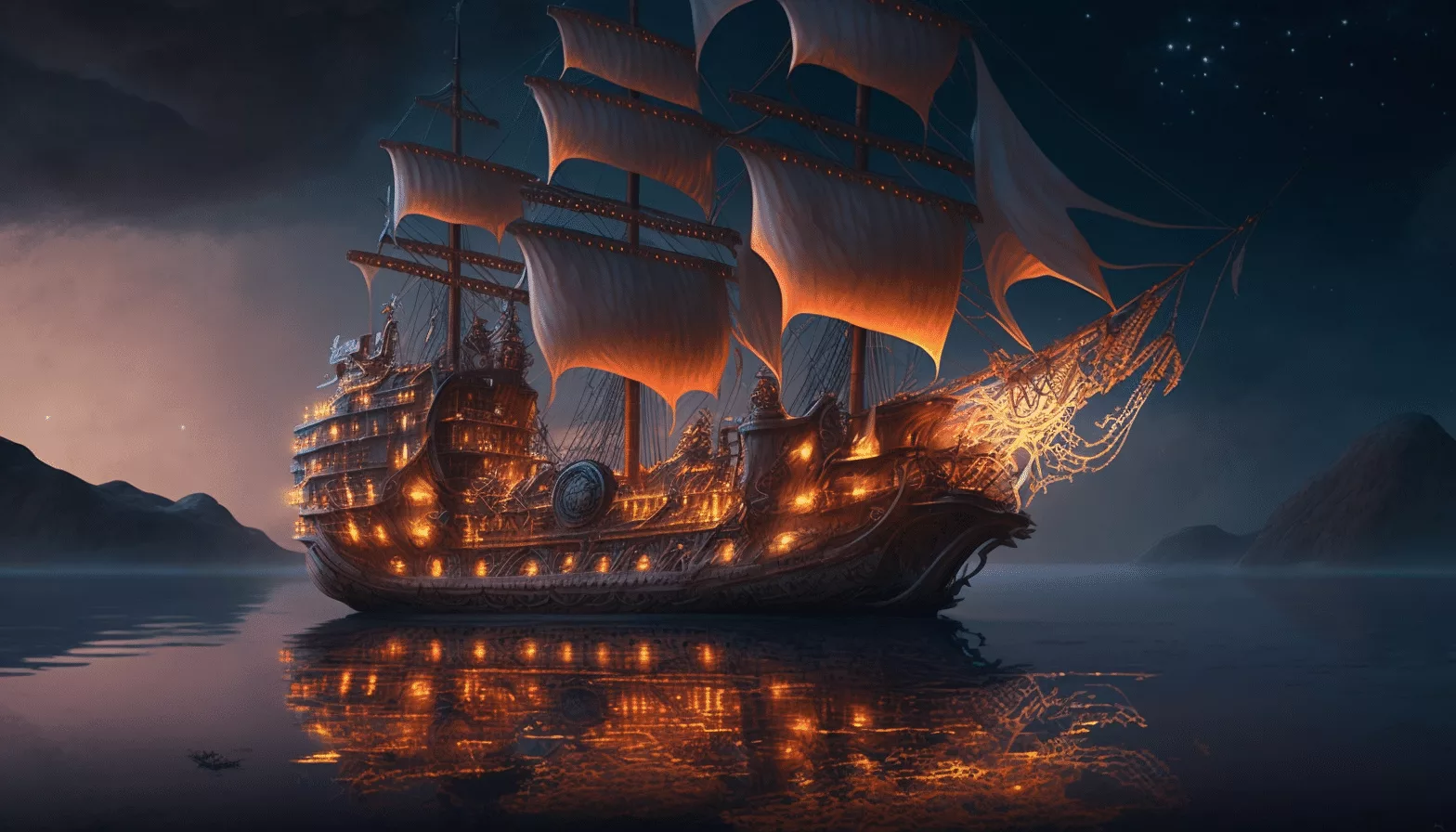 A pirate ship is floating in the water at night.