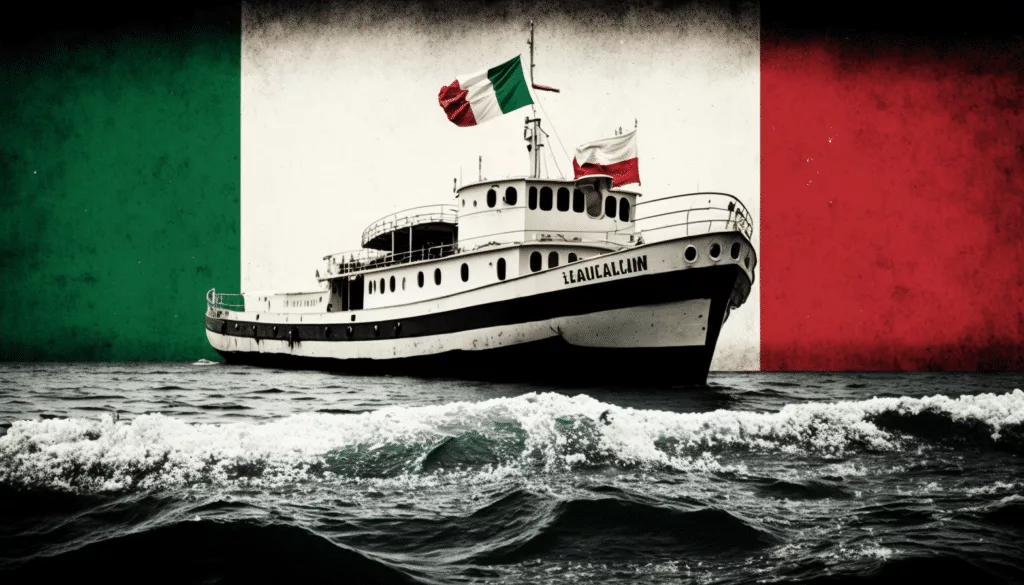 A boat in the water with an italian flag on it.