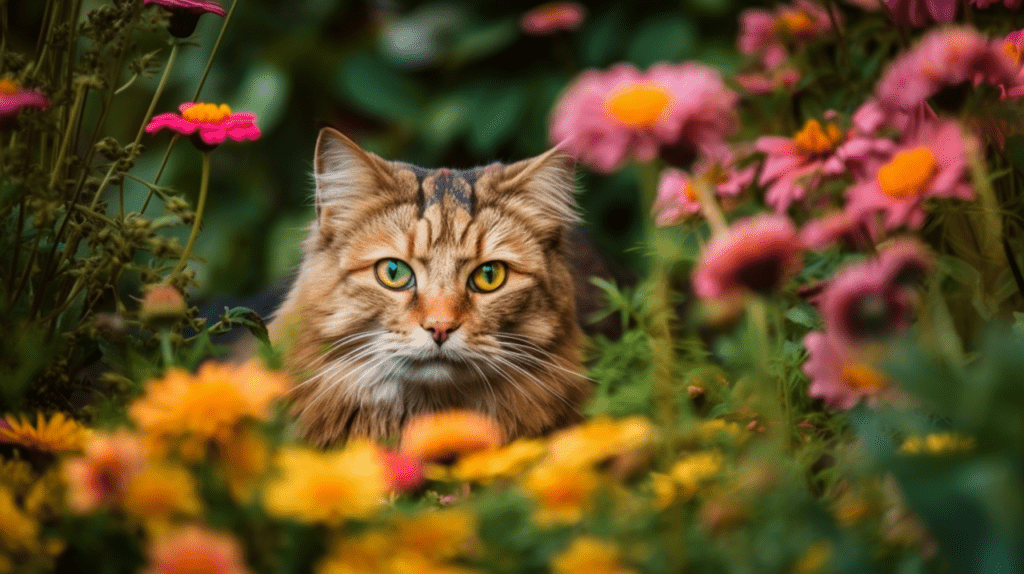 A cat hiding in flowers