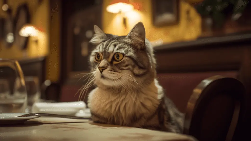 A cat sitting at a table in a restaurant.