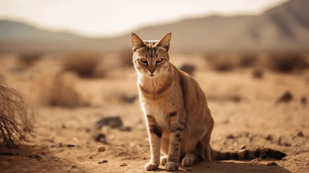 A cat is standing in the desert.