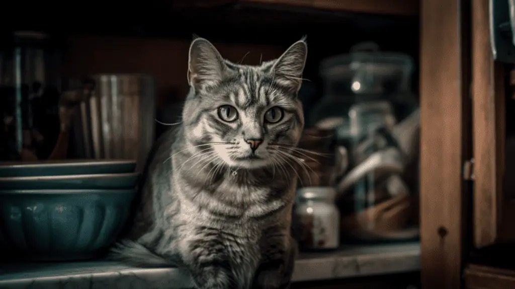 A cat is sitting on a counter.