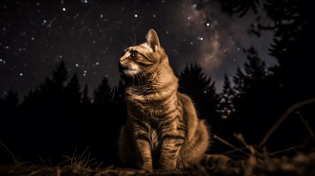 A cat looking up at the stars in the night sky.