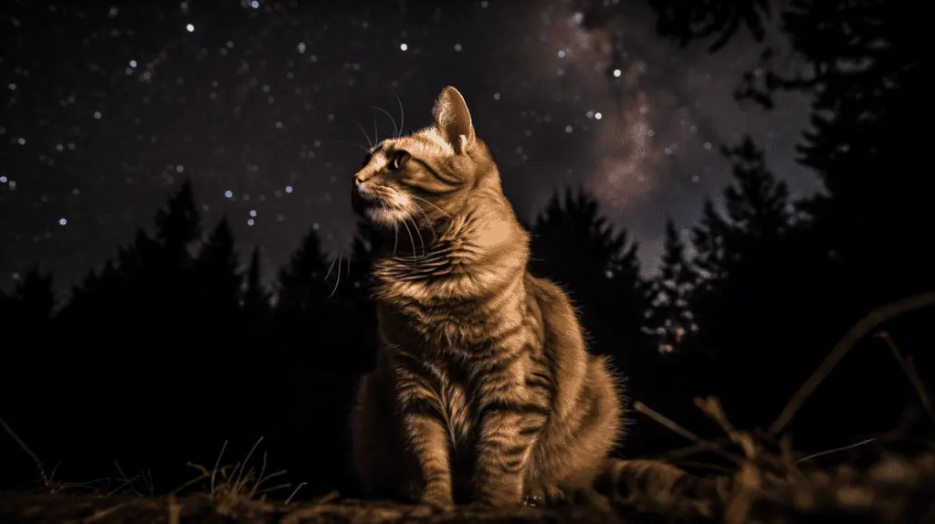 A cat looking up at the stars in the night sky.