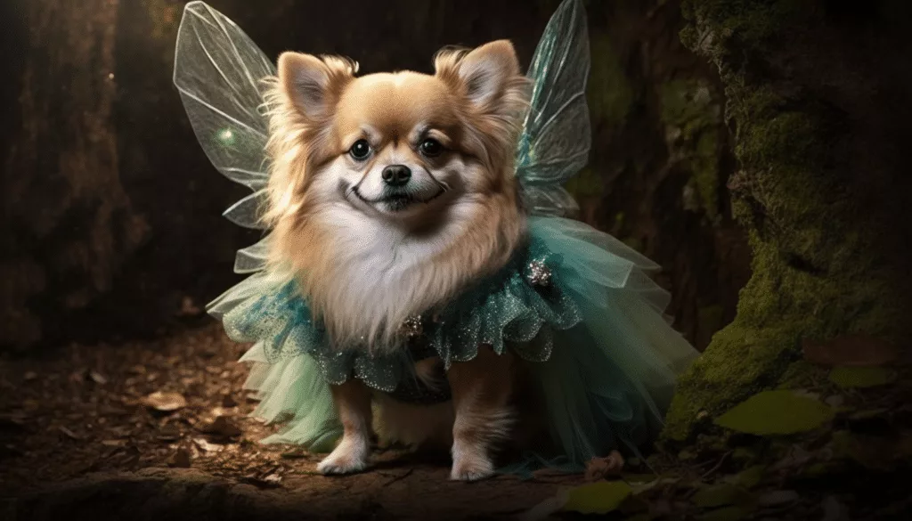 A chihuahua dressed as a fairy in the woods.