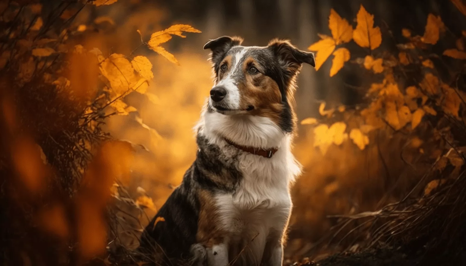 A dog is sitting in a field of autumn leaves.