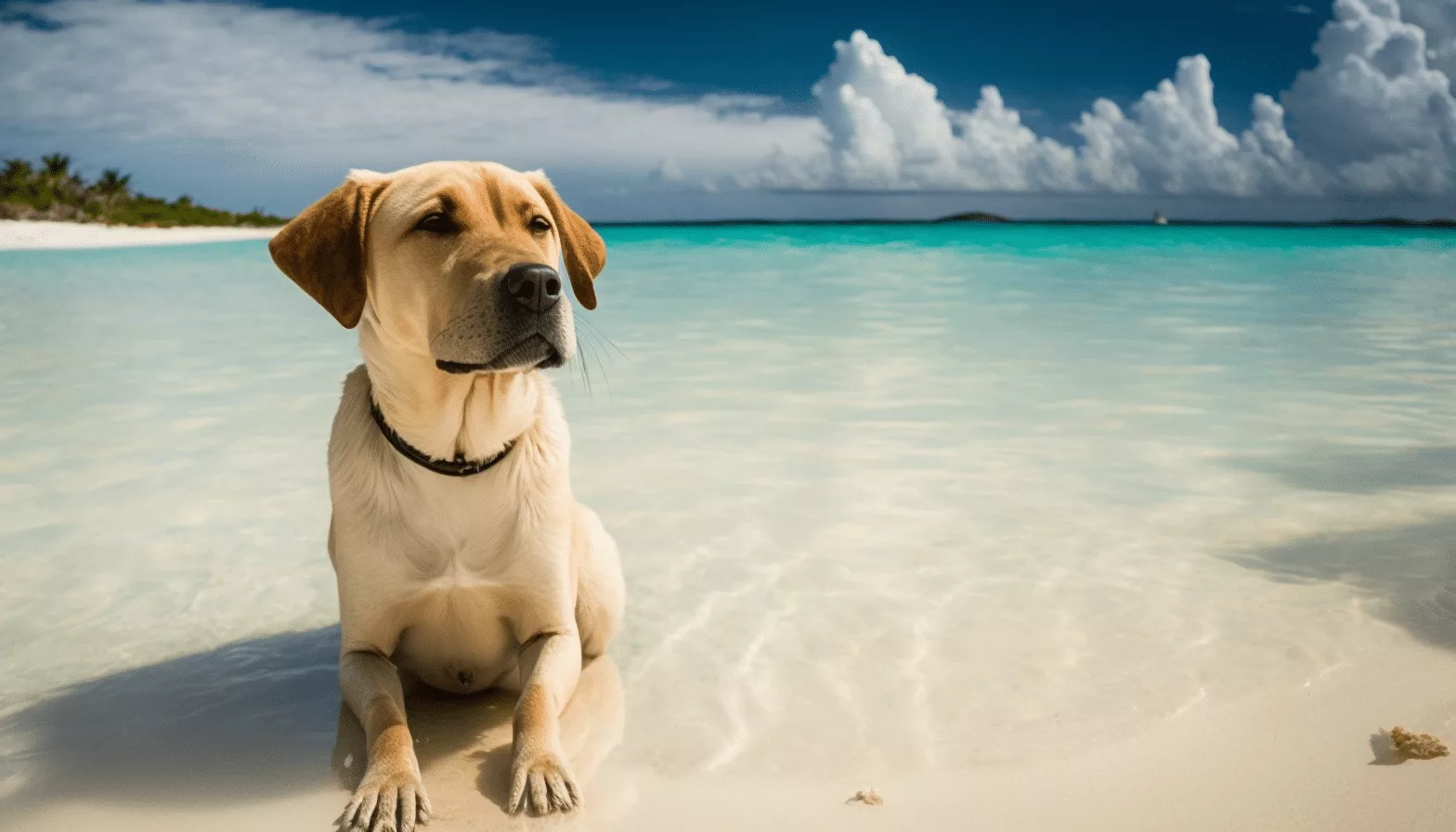 A labrador retriever sits on a beach looking at the water.
