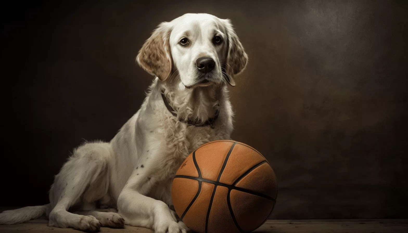 A dog is sitting next to a basketball.
