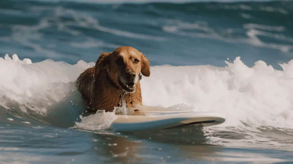 A dog riding a surfboard in the ocean.