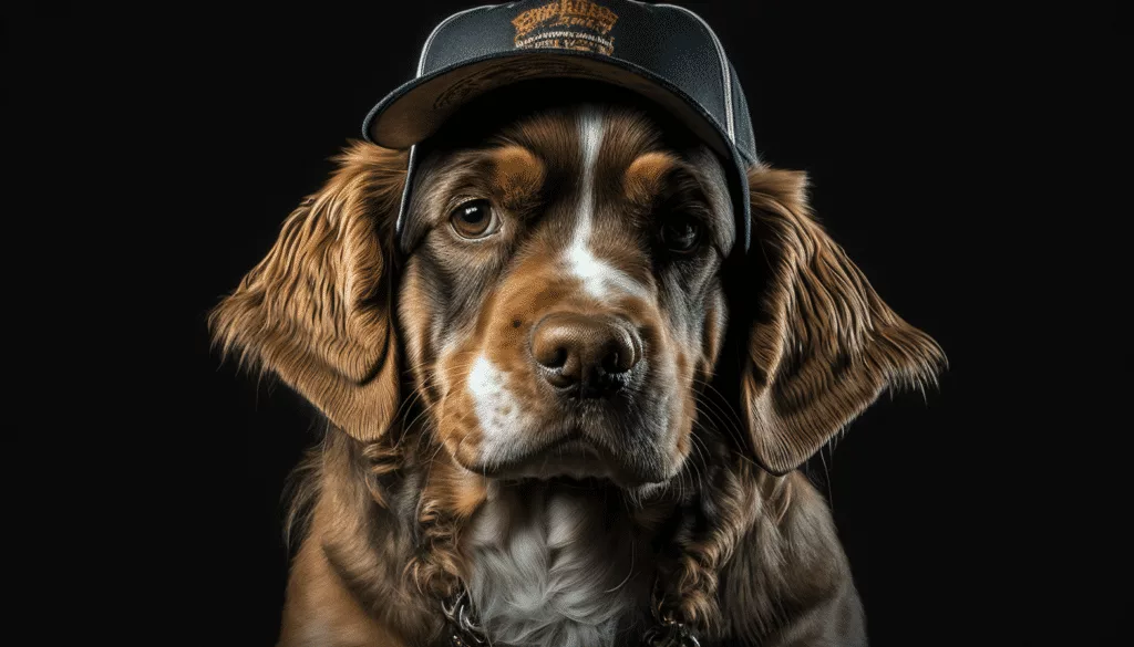 A dog wearing a baseball cap on a black background.