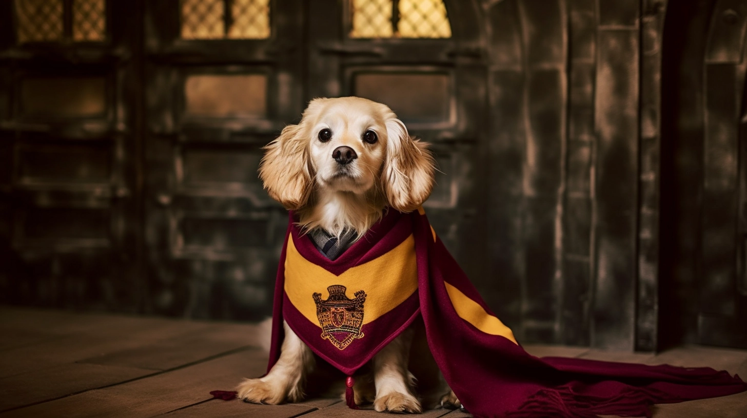A dog in a harry potter costume sitting on a wooden floor.
