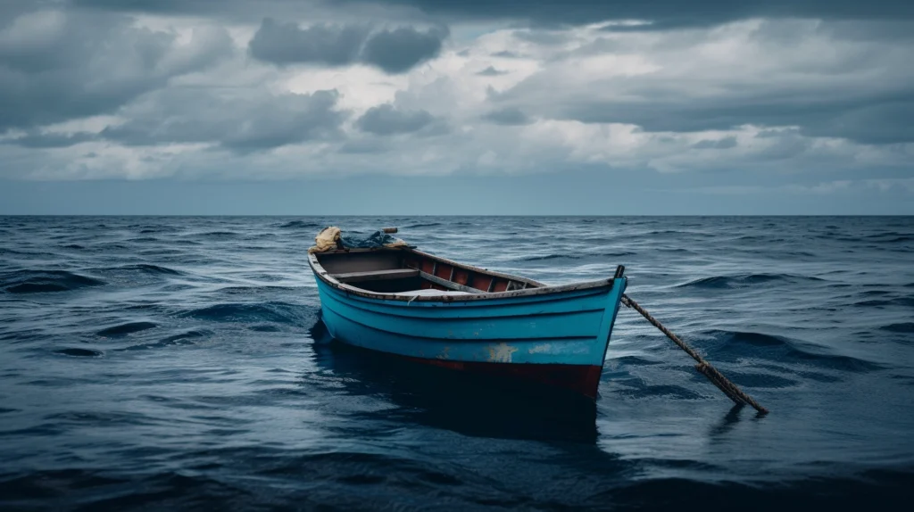 A blue boat floating in the ocean under a cloudy sky.