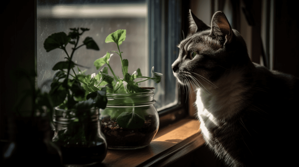 A cat looking out of a window at a potted plant.