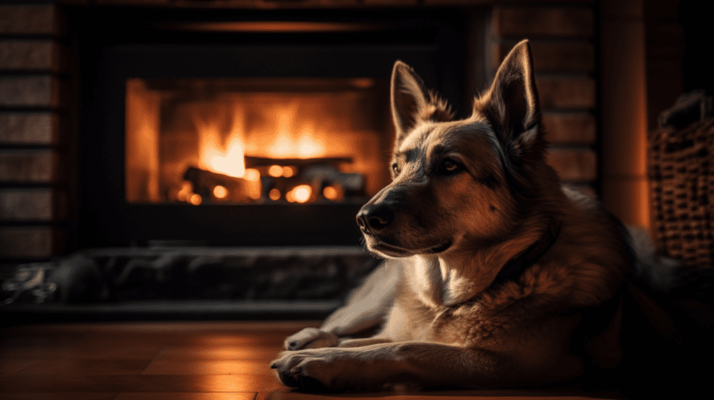 Dog by a fireplace