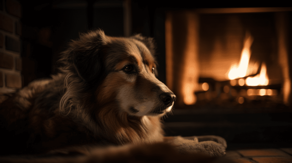 Dog by a fireplace