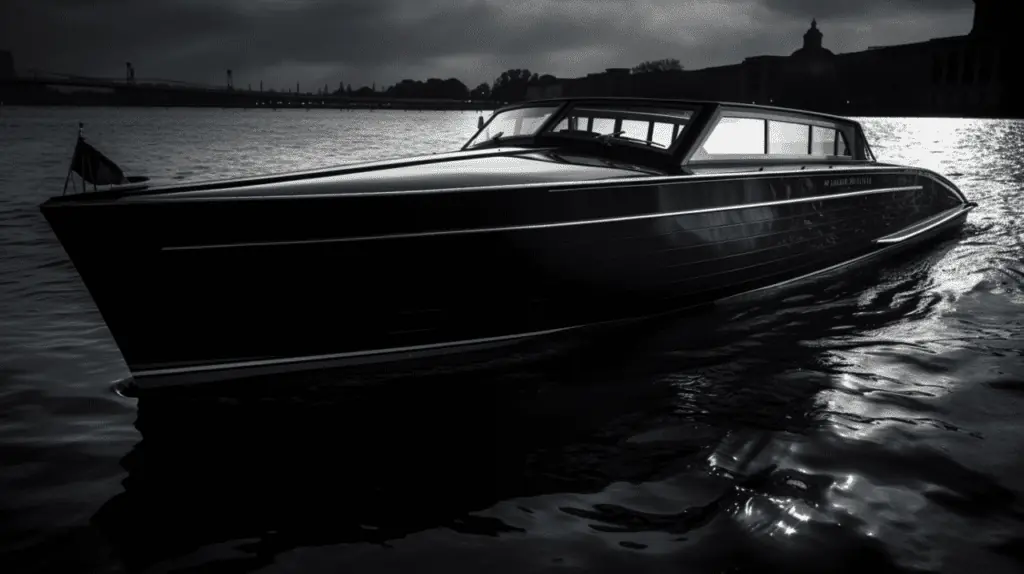 A black and white photo of a boat on the water.
