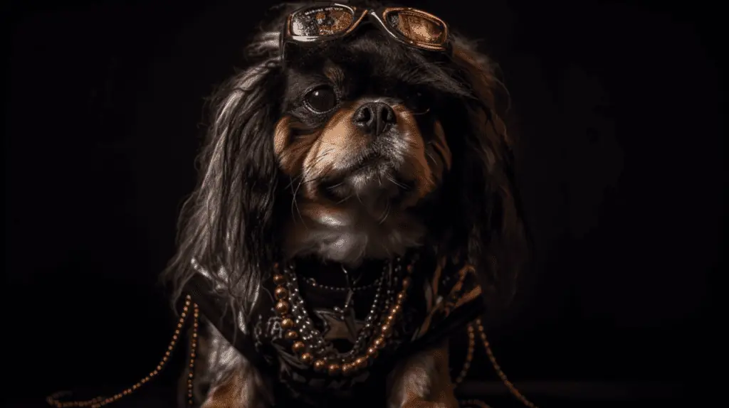 A dog with long hair and a chain around his neck.