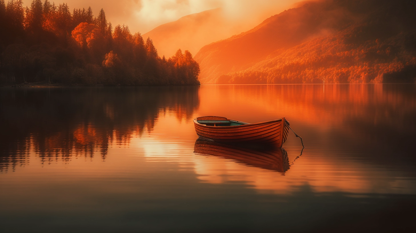 A boat is floating in a lake at sunset.