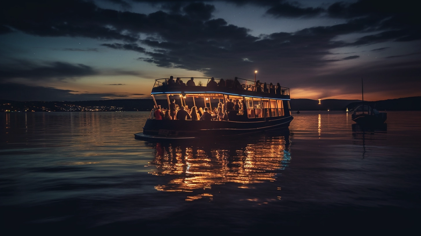 A boat on the water at dusk.