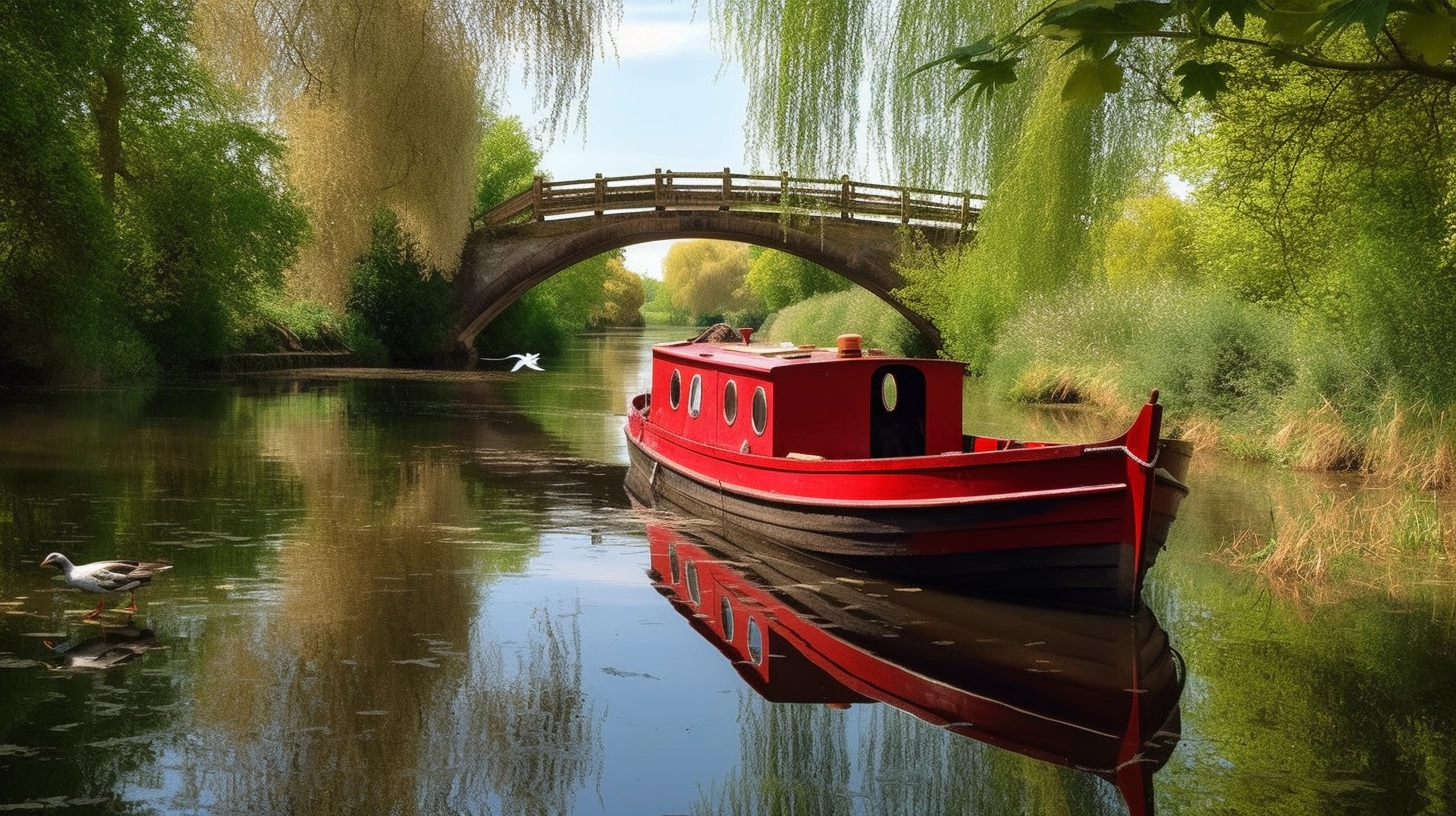 A red boat on a river.