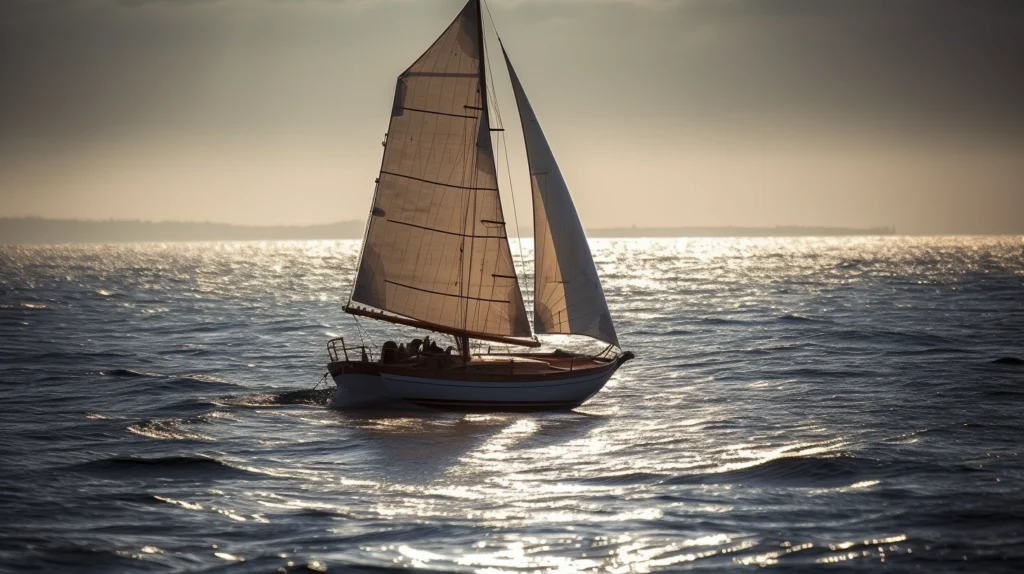 A sailboat is sailing in the ocean at sunset.