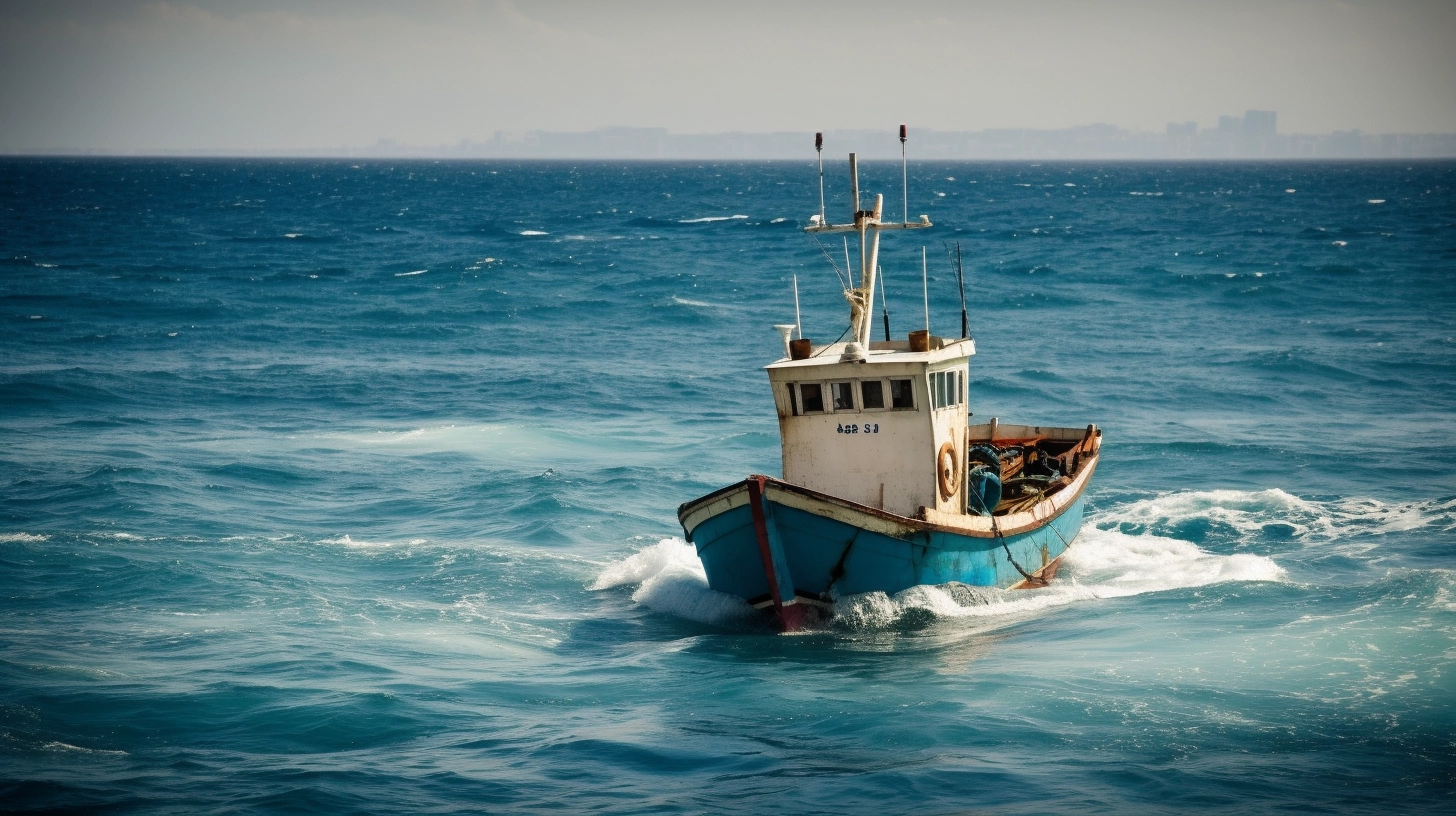 A fishing boat in the ocean with a city in the background.