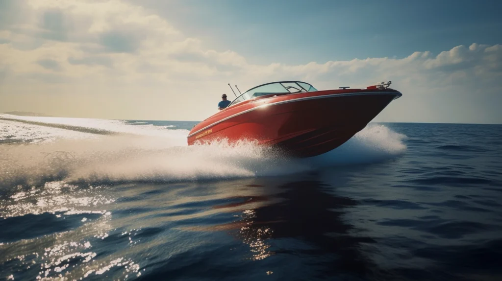 A red speed boat is speeding through the ocean.