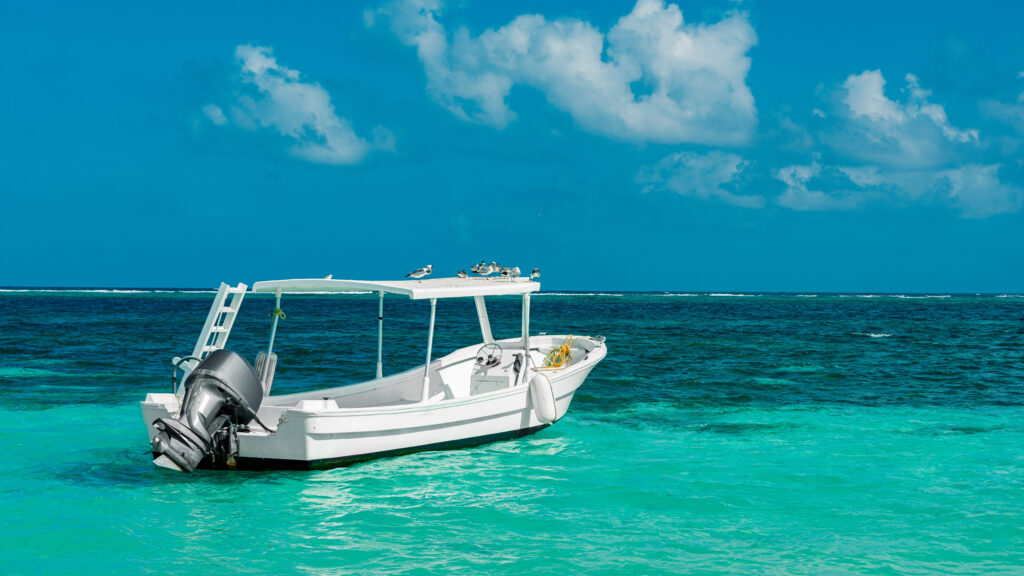 A white boat in the ocean.