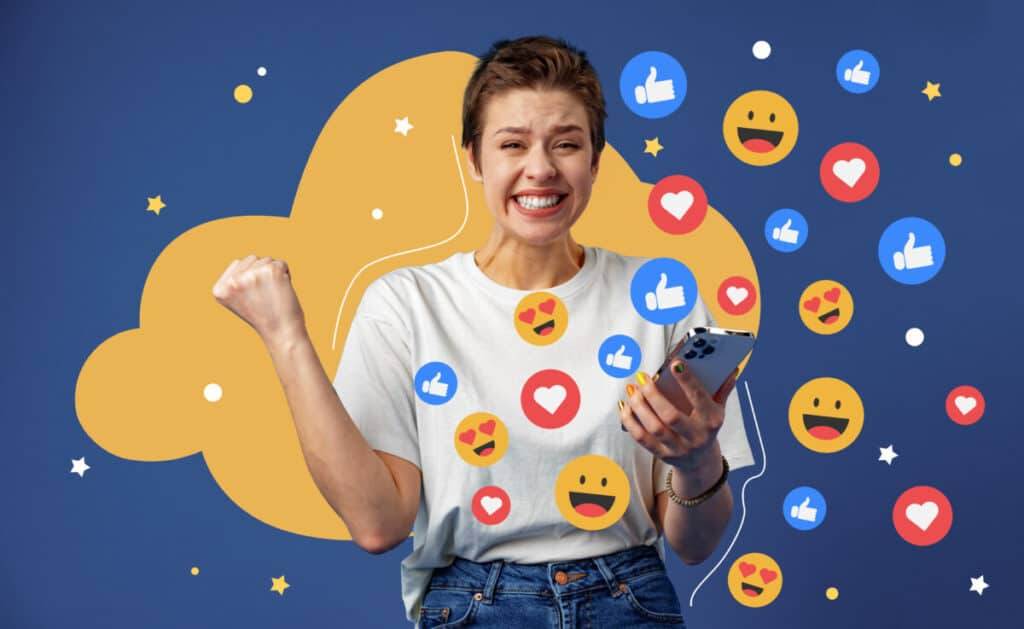 A woman holding a cell phone with emoji icons around it.