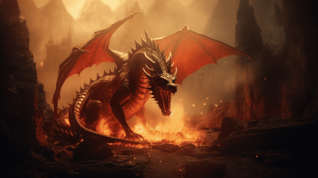 An image of a dragon in the middle of a fire.