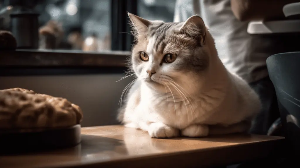 A cat sitting on a table next to a person.